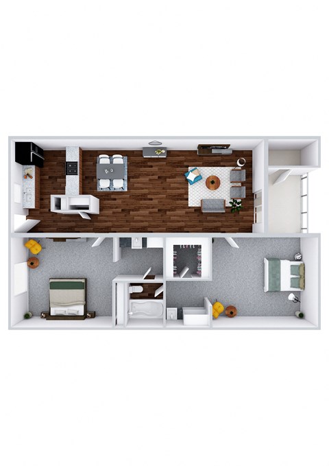 Floor plan for 2 beds, 1 bath, 890 sqft